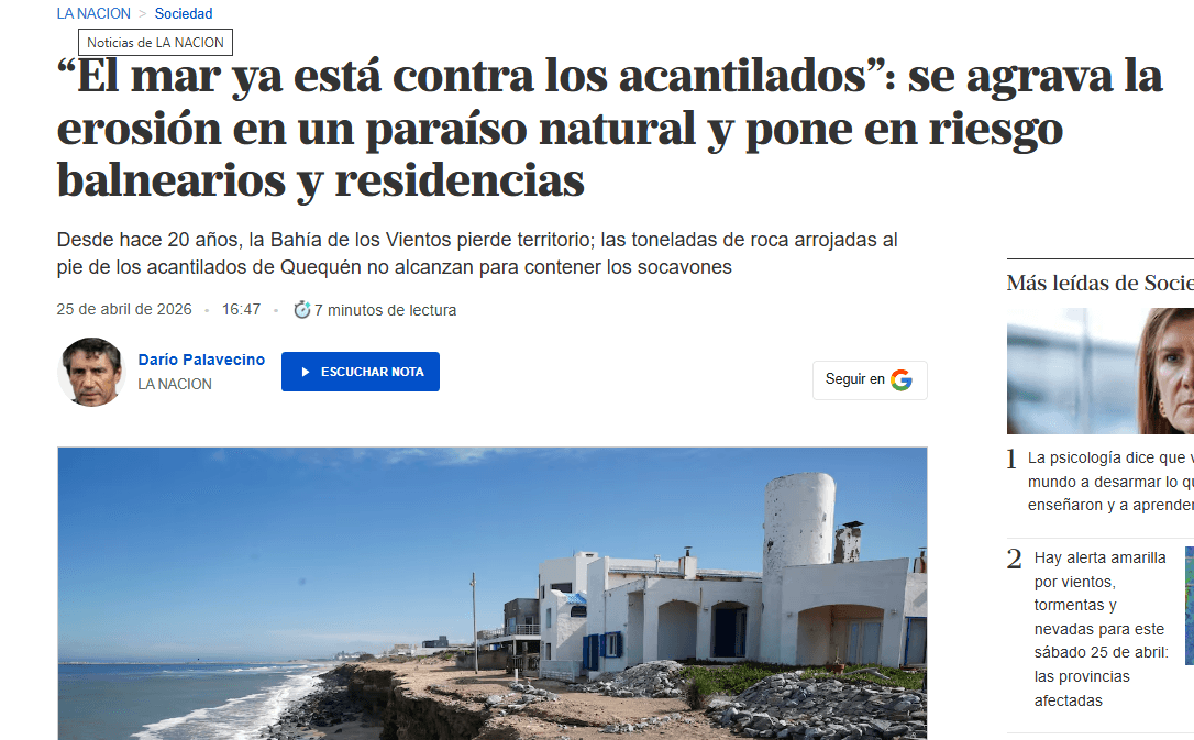 La erosión en Bahía de los Vientos tema del diario La Nación