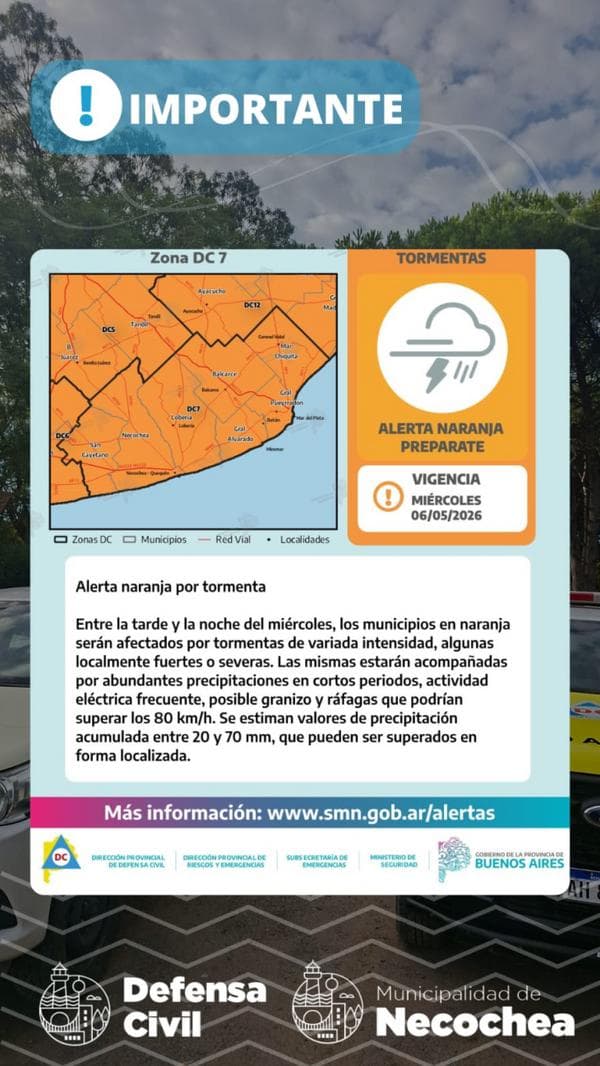 Suspenden las clases del turno vespertino en Necochea por la alerta meteorológica