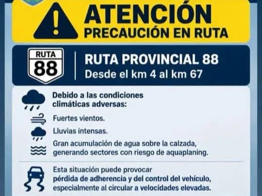 Alerta en la Ruta 88 por fuertes lluvias y acumulación de agua sobre la calzada
